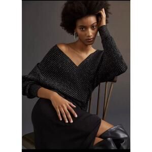 Anthropologie Shimmer Surplice Pullover Sweater Top Black Metallic - Large
